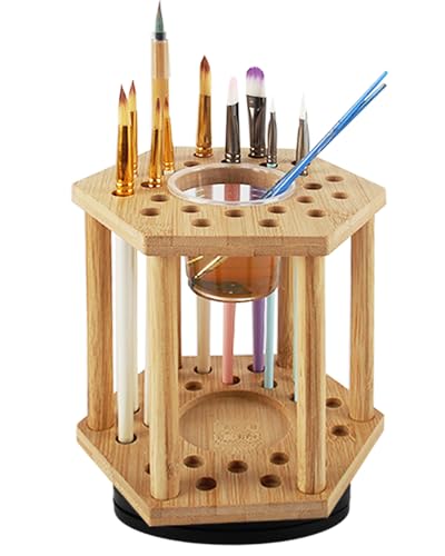 LITAITAI Rotating PaintBrush Holder 25 Holes Bamboo Display Drying Stand Artist Paint Brush Organizer Watercolor Brush Stand Rack Paint Brush Storage Art Supply Organizer(1pcs)