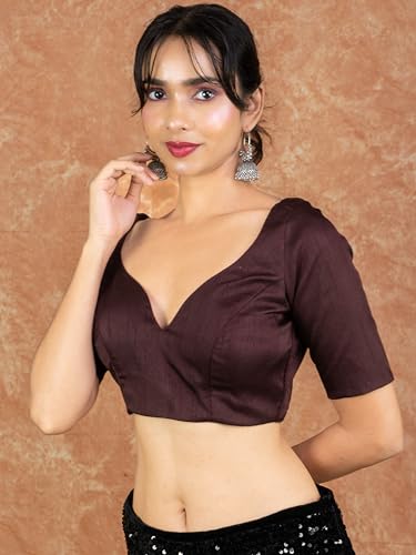 Image of FIGURE'S DESIGNER Women's Dupion Raw Silk Half Elbow Sleeves Sweetheart V Neck Sabyasachi Cut Readymade Saree Blouse S10