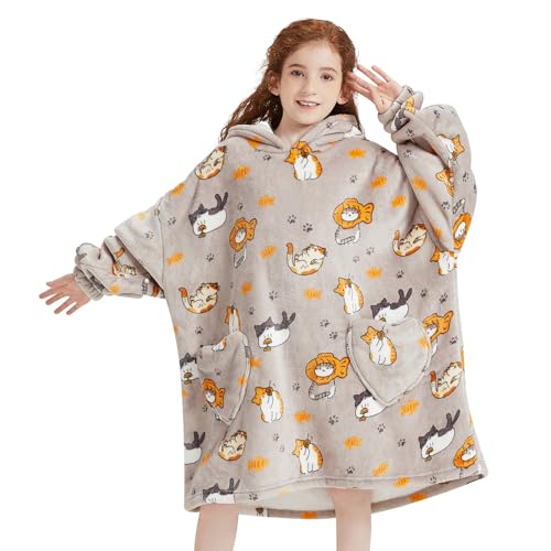 Wearable Blanket Hoodie for Kids Oversized Sherpa Blanket Hoodie for Kids Boys Girls Teens 6-13YR Beige Cat