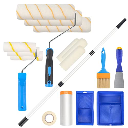 Zezirdas Kit Peinture mur et Plafond, Kit de Rouleau à Peinture avec Manche Télescopique, Ruban de Masquage,Bac à Peinture, Manchons de Rouleau, Rouleaux en mousse et beaucoup plus