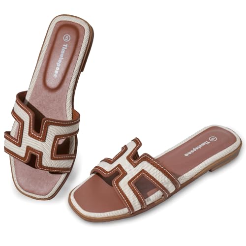 Timutopone Flat Wide Sandals for Women Dressy Lightweight Comfortable Slide Sandal Fashion 2025 Summer Trendy Casual Slip-On Shoes (01 Brown, Adult, Women, 6, Numeric, US Footwear Size System, Wide)