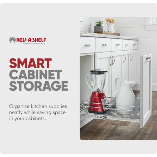 Image of Rev-A-Shelf Steel Wire Pullout Drawer Organizer Shelf for Kitchen Cabinets, Slide Out Storage Basket, Min Opening Width of 11.5 inch, 12 inch x 20 inch, 5WB1-1220CR-1
