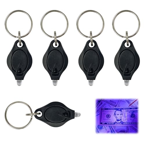 UV LED Keychain Flashlight, 395nm Blacklight Money Detector, Mini UV Torch for Counterfeit Note Verification, Portable Keyring Flashlight for Banknote, Hotel Cleanliness, Pet Stains (Black, 5 Pcs)