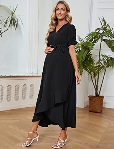 Boddysize Women's Maternity Dress Short Sleeve V-Neck Ruffle Maxi Dress Irregular Long Dress Black L #TOP3