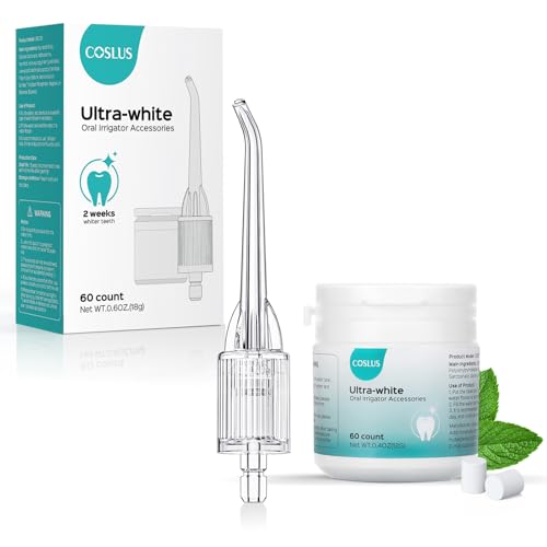 Image of COSLUS Whitening Water Flosser Replacement Tips with 60 Pcs Mint Refills | Compatible with C20 (F5020E) & E40 (WFP14) Portable Water Flossers - Improve Stains Gently& Fresh Breath for Daily Oral Care