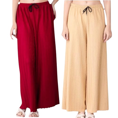 Image of Women Solid Wide Leg Palazzo Pants | Elastic Waist Drawstring Lounge Palazzo Trousers | Casual Comfortable Palazzo for Women & Girls