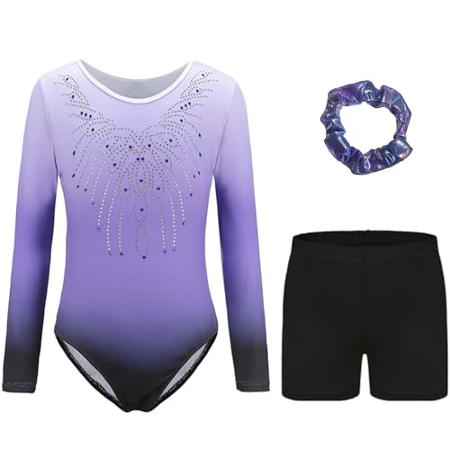 Kiscorpse Dreiteilige Gymnastikanzug Mädchen Turnanzug Leotard Set mit Turnshorts und Haarband Langarm Ballettröckchen Kleid Trikotanzug Outfit Set (Lila-Langarm Tag 8A(7-8 Jahre))