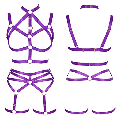 Women's Body Harness Adjustable Size Punk Gothic Bra Full Cage Garter Belt Hollow Out Belt Set Halloween Festival Rave (Purple) #TOP1