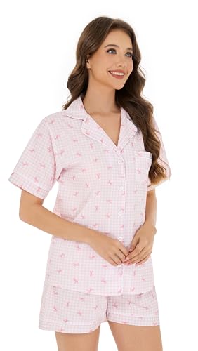 Image of LUBOT 100% Cotton Women's Pajamas Set Button-Down Two-piece PJ Set Short Sleeve Printed Patterned Summer Sleepwear Loungewear (Plaid Bows, M)