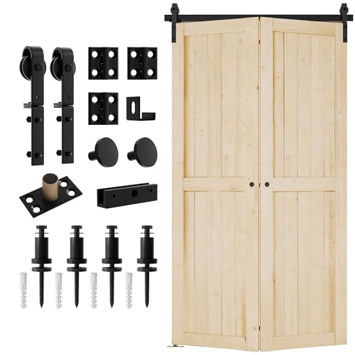 DonYoung 48'' x 84'' Bi-Fold Barn Door with Sliding Hardware Kit Set, 2 x 24in Door Panel with One-Piece 52'' Track, Pre-Drilled Bi-Folding Barn Wood Slab-Ready for Painting, Natural Spruce