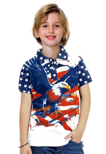 Image of AOBUTE Kids 4th of July Polo American Flag Short Sleeve Button Down Shirts Tops 3-14 Years
