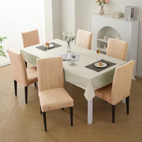 Image of HOKIPO 200 GSM Premium Knitting Jacquard Elastic Dining Table Chair Cover Set of 6, 'Nestiva Series' Blush Beige (AR-6072-BGE)