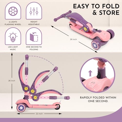 Image of Foldable 3 Wheel Kids Scooter with Seat | 4-Level Adjustable Handlebar | PU LED Wheels | Light & Music | 2 in 1 Skate Cycle Scooter for Boys & Girls 3-10 Years (KS-113 Pink /Purple)