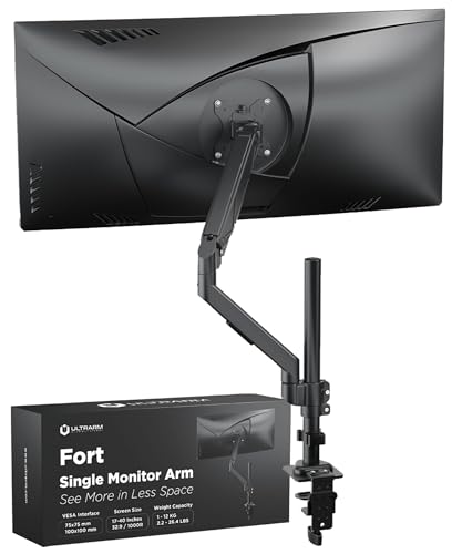 ULTRARM 超高 シングル モニターアーム 40インチウルトラワイド対応、最大高さ850mm、12kg耐荷重 VESAマウント、C型クランプ/グロメット式デスクマウント、昇降調整、ロングリーチ エルゴノミクスアーム、ブラック MA12P-S