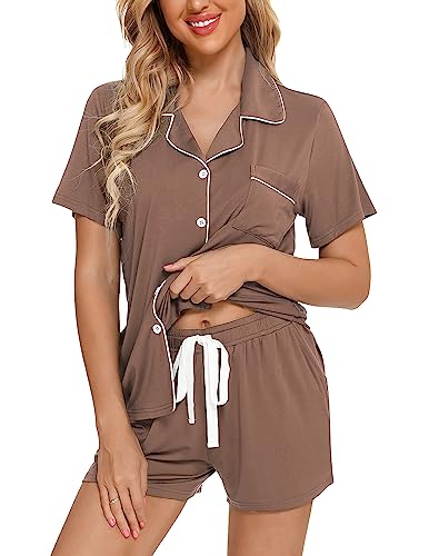 Image of Pjmlifecoco Women's Modal Pajama Set Short Sleeve Button Down Two Piece Soft Sleepwear with Shorts Loungewear S-XXL