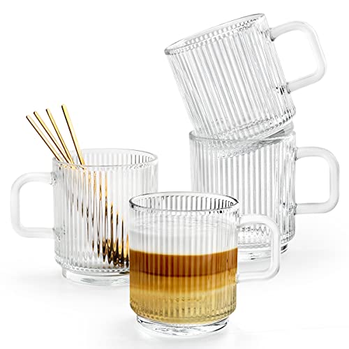 Gutsdoor Clear Glass Coffee Cup Set of 4, 12 Ounces Classical Vertical Stripes Glass Tea Cup with Spoon for Latte Espresso