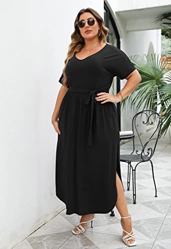 Image of Nemidor Womens Casual Plus Size Tie Waist Slit Long Maxi Dress with Pockets NEM313