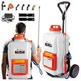 Toovem Battery Powered Backpack Sprayer 4 Gallon, Adjustable 0-94 PSI, 4FT Hose, 6 Nozzles, Weed Yard Sprayer with Wand, Electric Backpack Garden Sprayer with Wheeled Cart for Weeding, Long Spray Time