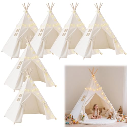 Quaocens 6 Pack Teepee Tent for Kids,Collapsible Kids Teepee Tent with 10 Ft String Lights,White Kid Teepee Boys Girls Indoor Outdoor Slumber Party Sleepover Party