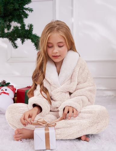 Gihuo Girls Fleece Pants Sets Fuzzy 2 Piece Outfits Lapel Collar Pullover Sweatshirt Set Sweatsuit 5-14Y4