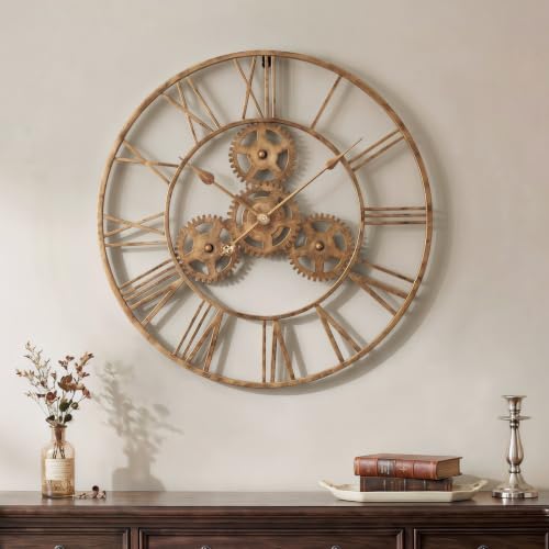 Cuspin 24 Inch Wall Clock with Gears, Industrial Metal Clock, Antique Gold
