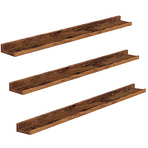 HOOBRO Floating Shelves, Wall Shelf Set of 3, 47.2 Inches Hanging Shelf with Raised Edge and Invisible Brackets, for Bathroom, Bedroom, Kitchen, Office, Living Room Decor, Rustic Brown BF92BJ01
