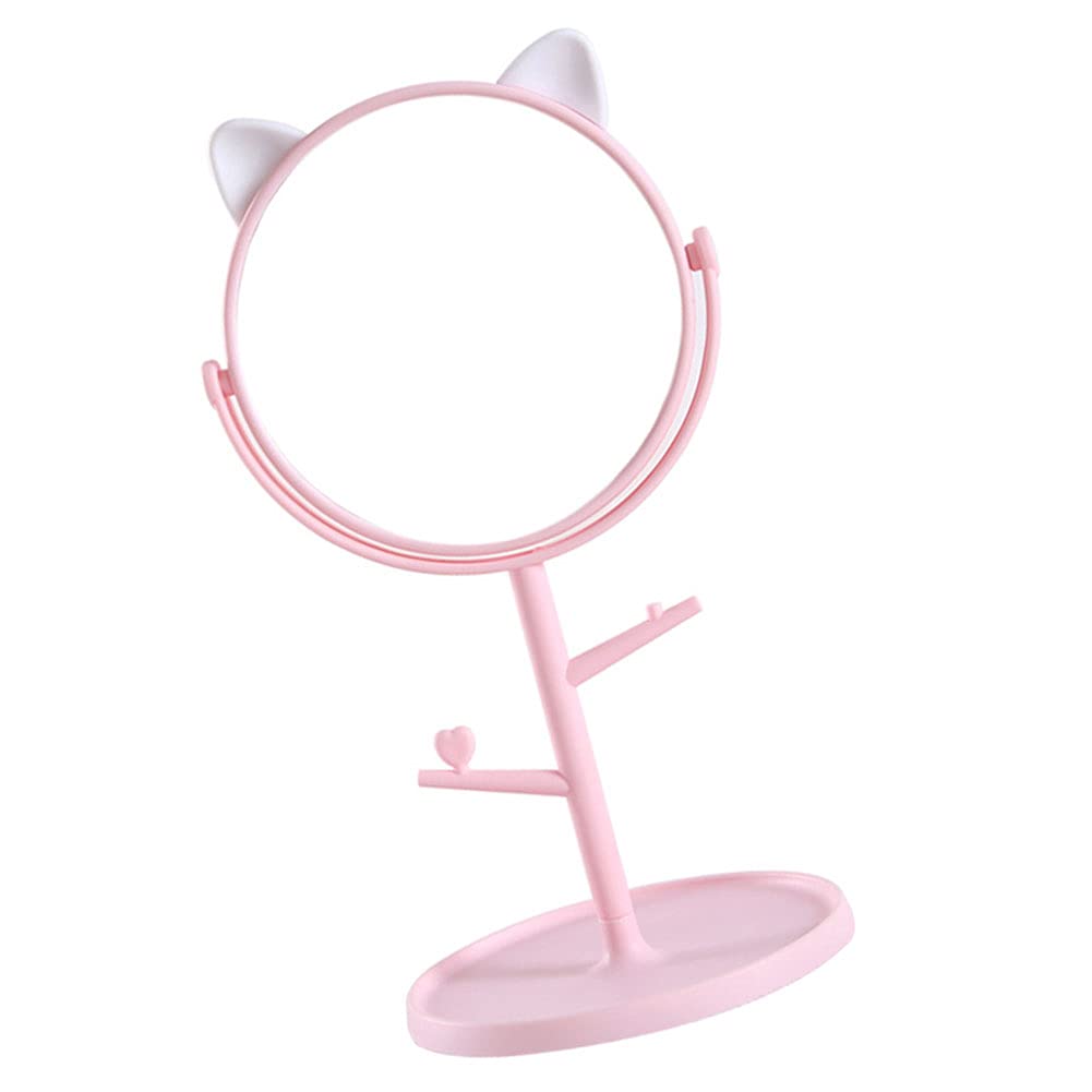 Espejo de Maquillaje en Forma de Orejas de Gato, Espejo cosmético de Mesa con rotación de 360 Grados con Bandeja de Almacenamiento, para Regalos de niñas, Rosa