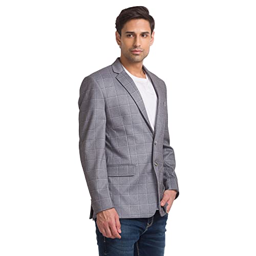 Image of Park Avenue Men's Active Fit Terelyne Spandex Blend Notch Lapel Checks Pattern Full Sleeve Grey Formal Blazer