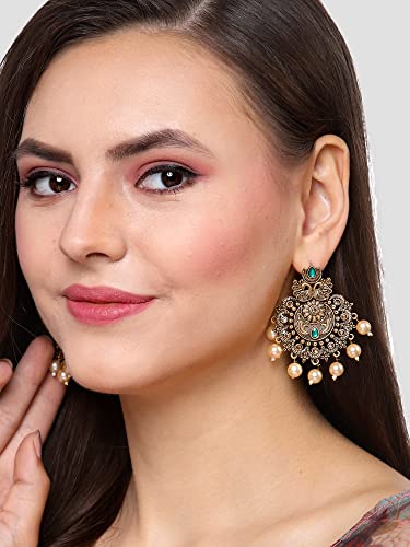 Karatcart Gold Plated Green Floral Design Gloden Pearl Dangler Earrings for Women - Image 4