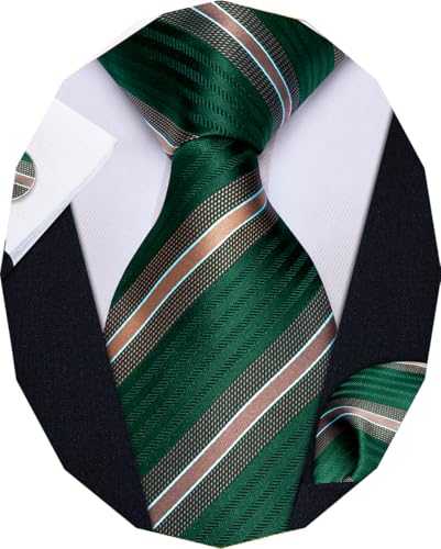 Image of YourTies Green Christmas Ties for Men Striped Tie Woven Silk Necktie Handkerchief Cufflinks Set Formal Business Party Wedding