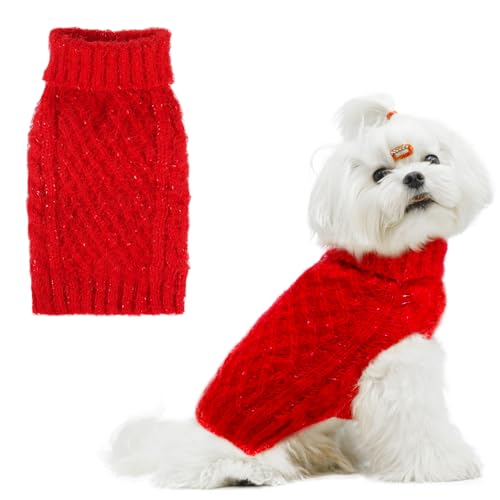 Image of Turtleneck Small Dog Sweaters - Classic Cable Knitwear Winter Coat for Small Medium Dogs Male Female Puppy Dog Cold Weather Clothes Girls Boys, Red, M