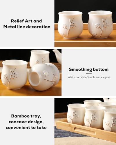 Foto von DUJUST japanisches Teeservice, weißes Porzellan-Teeservice, süßes asiatisches Teeservice für Teeliebhaber (Pflaume in Gold)