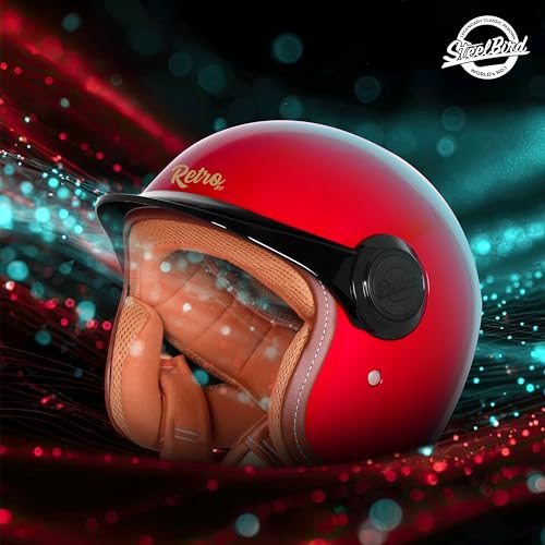 Image of Steelbird SBH 65 Retro 3.0 DOT and ISI Certified Open Face Helmet for Men and Women (Large 600 MM,Glossy Cherry Red with Black Peak)