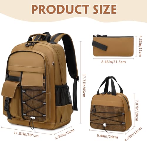 GeeWin Backpack for Boys, Waterproof Boys Backpacks 15.6" Laptop Backpack Schoolbag for Teens Boy Kids Children Middle High School, Back to School Book Bags Set with Lunch Bag & Pencil Bag (Brown)2
