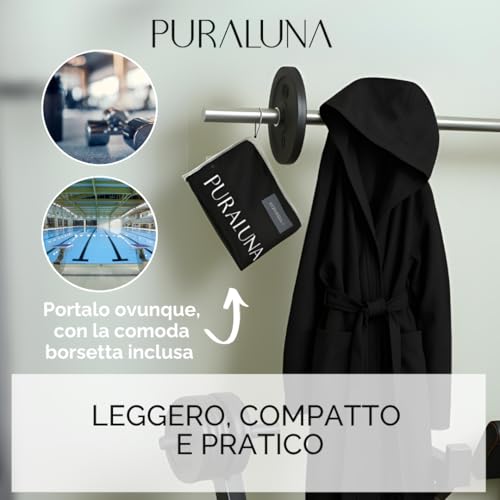Puraluna Weicher Mikrofaser-Bademantel mit Kapuze und Outdoor-Tasche, Unisex, Schwarz , M