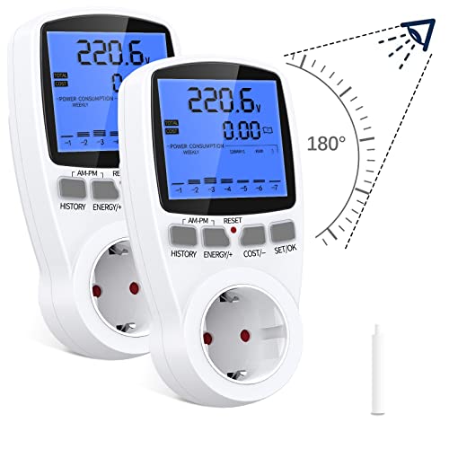 Dual Tarifa Medidor de Consumo Eléctrico 180° Gran Ángulo, Ankrs Enchufe Medidor Consumo con Pantalla LCD Retroiluminación, Ahorrar Energía y Costo, Monitor de Consumo Eléctrico con Pila de botón LR44