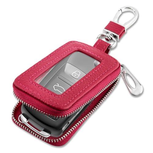 Stylish Car Key Fob Case with Sunroof&Keychain,Leather Car Key Fob Cover for Protection,Universal Key Covers Car Accessories (Rose Red)