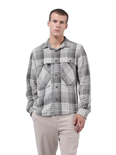 Image of THE INDIAN GARAGE CO Men Regular Fit Checkered Full Sleeves Cutaway Collar Casual Overshirt