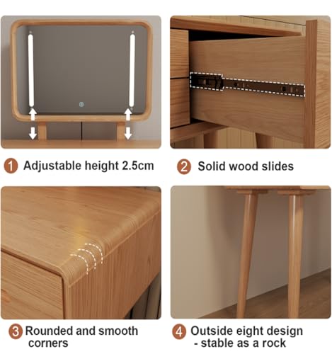 Image of KungFuWood Solid Wood Vanity Desk with Mirror and Lights,Adjustable Height and 3 Lighting Modes, Makeup Vanity with 3 Drawers,Easy Assemble Vanity Table,Dressing Table for Women Bedroom