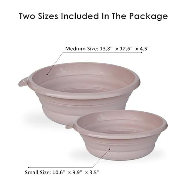 Collapsible Wash Basin Set (2 Pack) - Round Portable Foldable Plastic Basins for Laundry, Travel, Camping - Small & Medium Sizes (Pink)