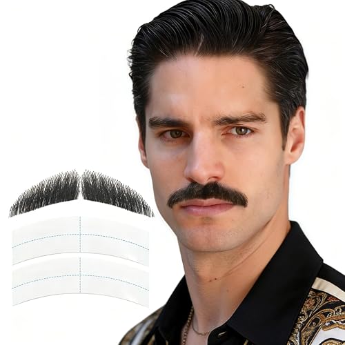 Zhen Lai Fa Fake Mustache Straight Mustache Human Hair Straight Beard Invisible Lace Hand-Tied Fake Beard for Men Realistic Facial Hair for Cosplay Theater Costume and Daily Use (Black)