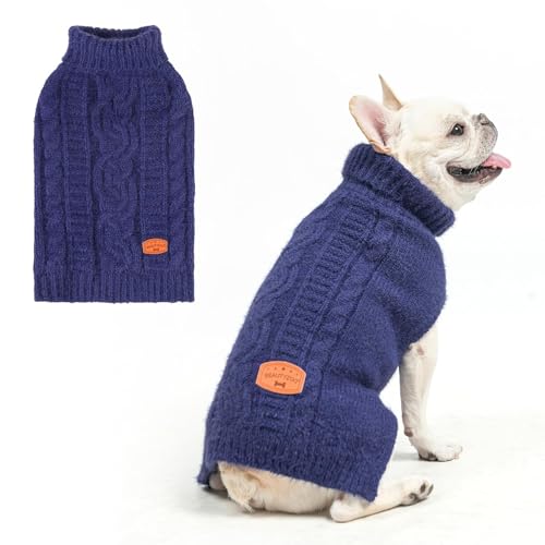 Image of BEAUTYZOO Dog Sweaters for X-Small Dogs, Knit Clothes with Harness Hole | Turtleneck Pullover Fall Winter Knitwear, Fuzzy Fleece Cold Weather Coat for Girl Boy Puppy, Warm Pet Sweatshirt, Navy XS