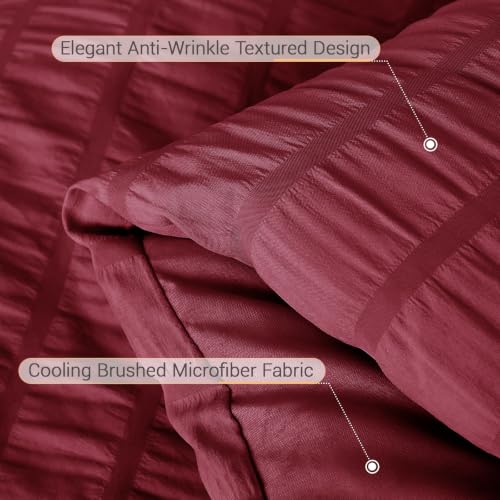 Image of MUXHOMO 7 Pieces Oversized Queen Comforter Set, Seersucker Bed in a Bag Oversized Queen Size, All Season Luxury Bedding Set with Comforter, Flat Sheet, Fitted Sheet, Pillowcases & Shams, Burgundy