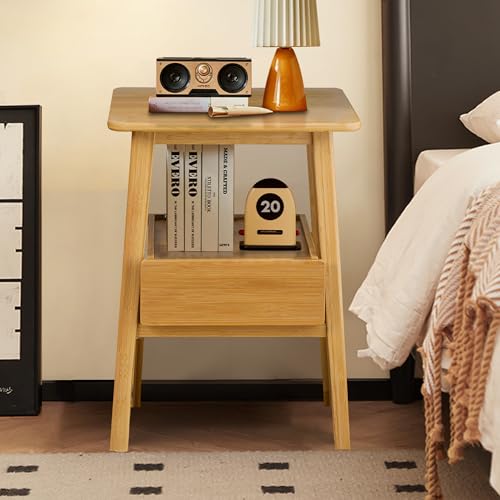 Kuabner Night Stand with Drawer, Mid Century Modern Nightstand, Bedside Tables with Open Storage Shelf,Large Storage End Table, Bamboo Night Stands for Bedrooms