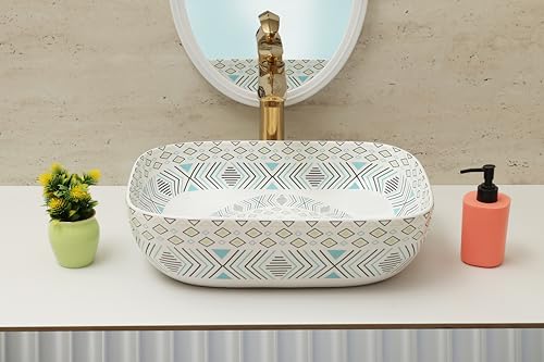 Image of Moroccan Design Ceramic Tabletop Wash Basin | Countertop Vessel Sink | Wash Basin over counter For Bathroom Hotel Home (18x13x5.5 Inch) (TORO 4014) (Moroccan Design 107)