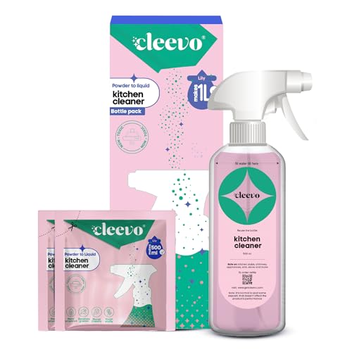 Image of Cleevo Kitchen Cleaner Spray 1L Bottle Pack (2 Sachets makes 1 Litre)|Powder to Liquid | | Non-Toxic Degreaser for Gas Stove, Chimney & Countertop | Surface Cleaner (Lilly)