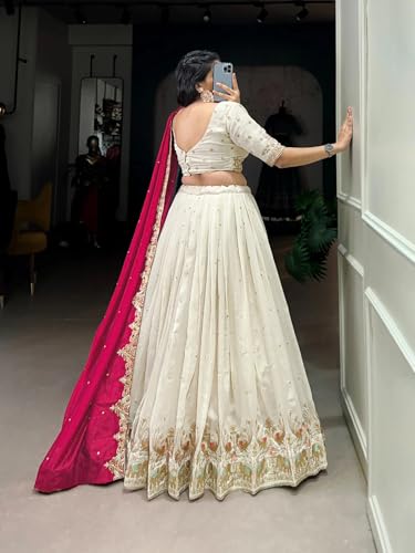 Image of KEDARFAB Women's Chinnon Traditional Motiff Semi-Stitched Lehenga Choli With Dupatta Set (Baarati 02)