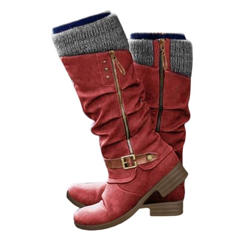 EIYEI Knee High Boots for Women - Women's Tall Knee High Fashion Riding Boots with Buckle Accent Round Toe Chunky Block Low Heels Mid Calf Boots Patchwork Leather Boots Side Zipper Winter Shoes