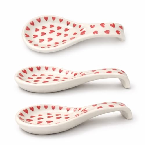 Image of Handcrafted Ceramic Spoon Rest, Kitchen Counter Spoon Holder for Cooking Utensils, Ladle & Spatula Rest, Heat Resistant Kitchen | Spoon Rest for Kitchen & Dining (Red Hearts)