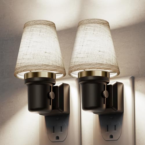 Image of L LOHAS LED Night Lights Plug into Wall, 2 Pack Linen Fabric Round Platform Decor Night Light, Dusk to Dawn Sensor Vintage Nightlight, 5000K Daylight 0-100LM Dimmable, for Bedroom Living Room Hallway